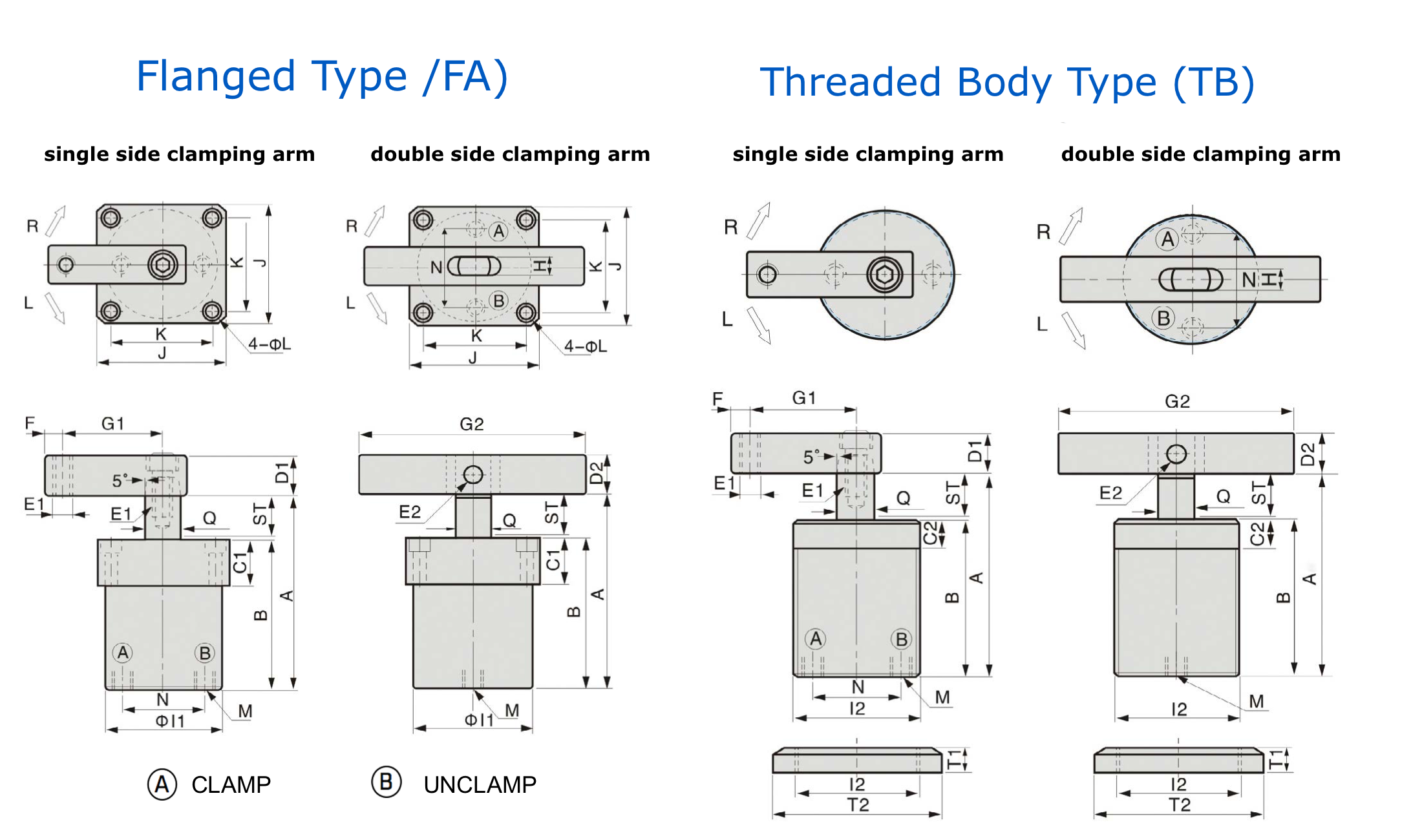 ASC Technical Drawing pneumatic swing clamp flanged type and threaded body type